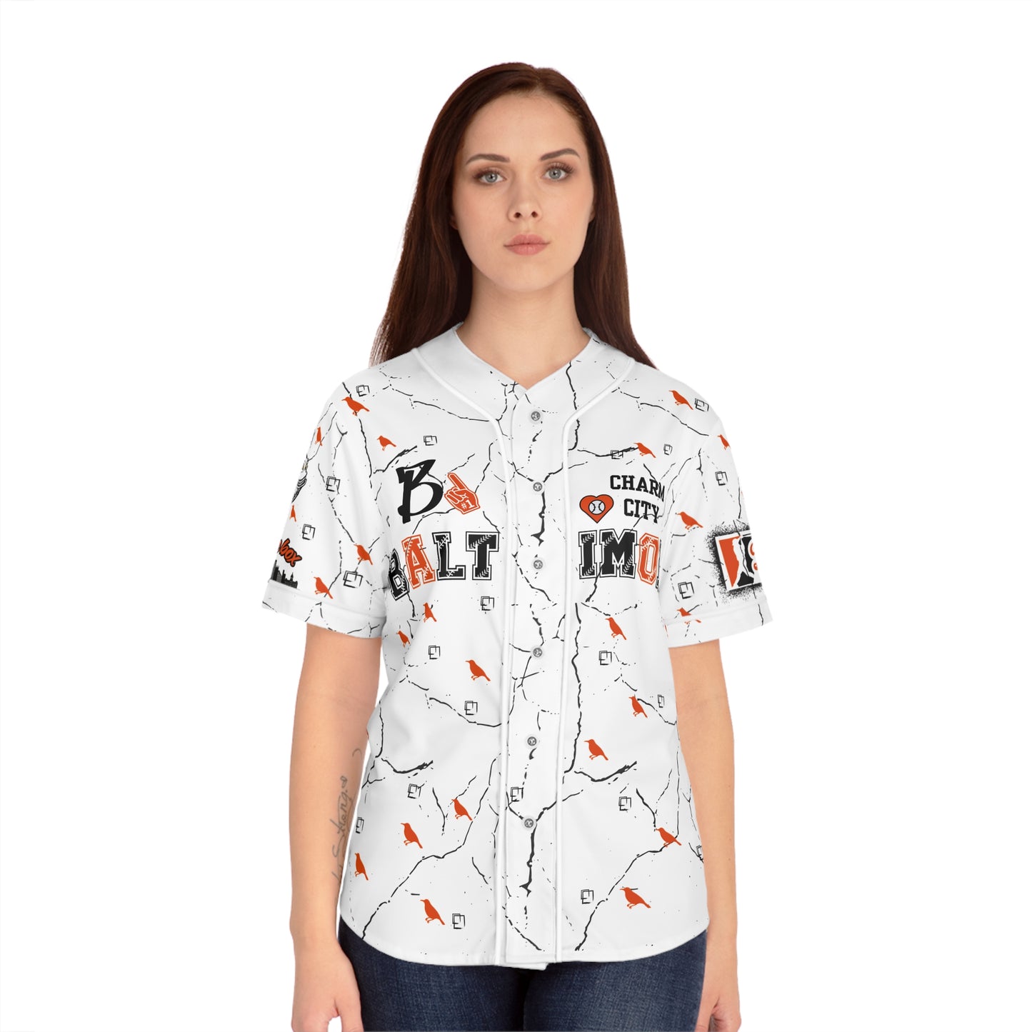 Stylish Women's Baseball Jersey - Charm City Bmore Design WHT/BNK image 2