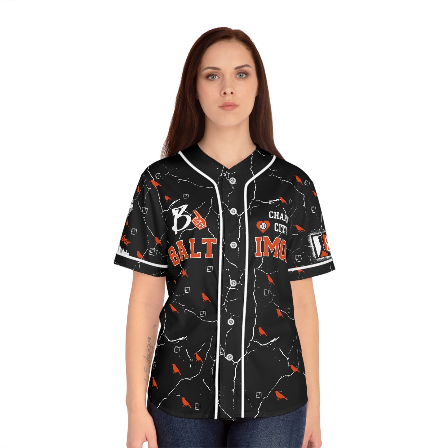 Stylish Women's Baseball Jersey - Charm City Bmore Design BLK/BNK image 2