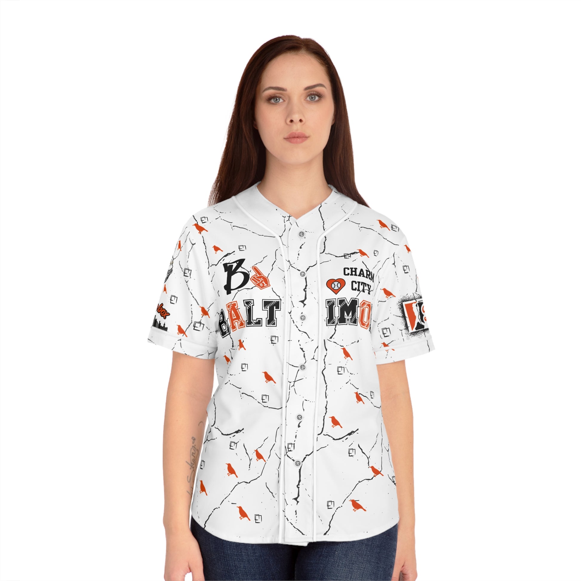 Stylish Women's Baseball Jersey - Charm City Bmore Design WHT/BNK image 2